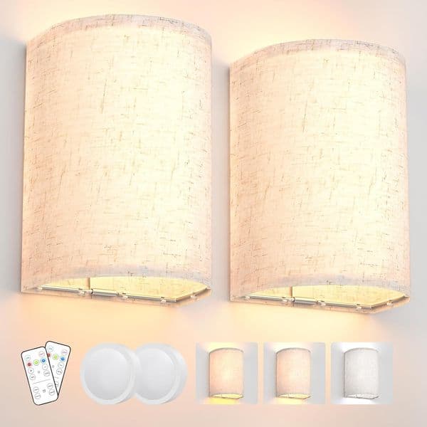 Wall Sconces Set of Two, Battery Operated Wall Sconces 3 Colors Dimmable Wall Lights Fixtures with Remote Control Fabric Wall Lamp for Bedroom Living Room Hallway