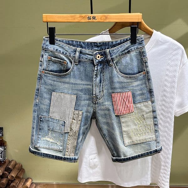 Summer new fashionable high-quality designer jeans men's denim youth fashion patch five inch shorts