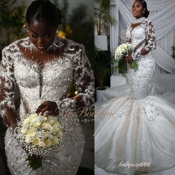 Aso Ebi Plus Size Ivory Mermaid Wedding Dress Lace Beaded Crystals Fulle Sleeves Sheer Neck Bridal Gowns Dresses 1230 Q529