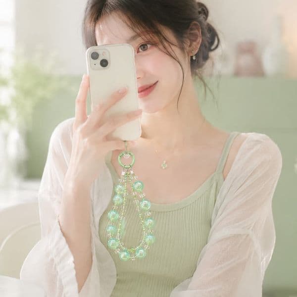 Mint Green Iridescent Bead Phone Charm Strap Wristlet Anti-drop Crystal & Acrylic Phone Lanyard