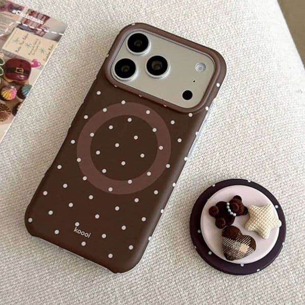 Luxury Brown White Polka Dot Pattern Magnetic Phone iPhone 13 14 15 16 17Pro Max Shockproof Cute Cover for Magsafe Case J260530