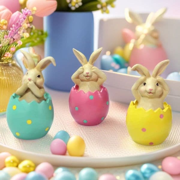 European style home resin colored Easter bunny sitting on eggshells, not listening, not looking, not talking desktop decoration