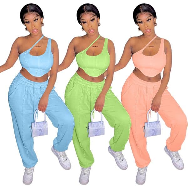 Y1662 Women's Asymmetrical Shoulder Strap Tank Top Set