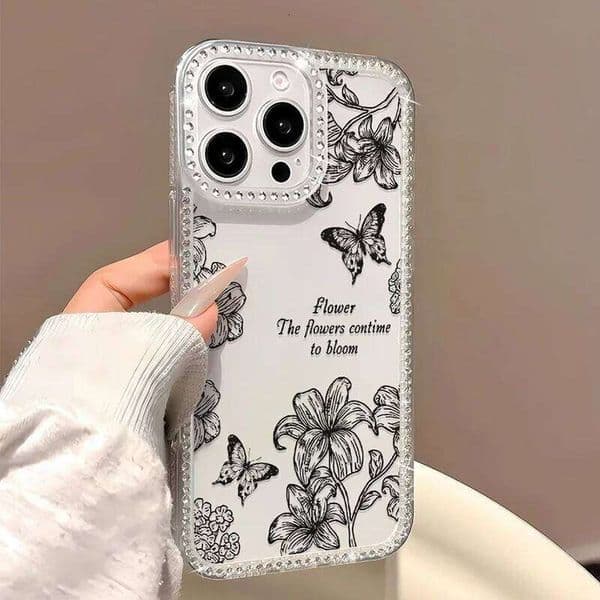 INS Flower Butterfly Phone For Case iPhone 14 15 13 11 12 16 Pro Max 17 Air Luxury Bling Glitter Clear Cover