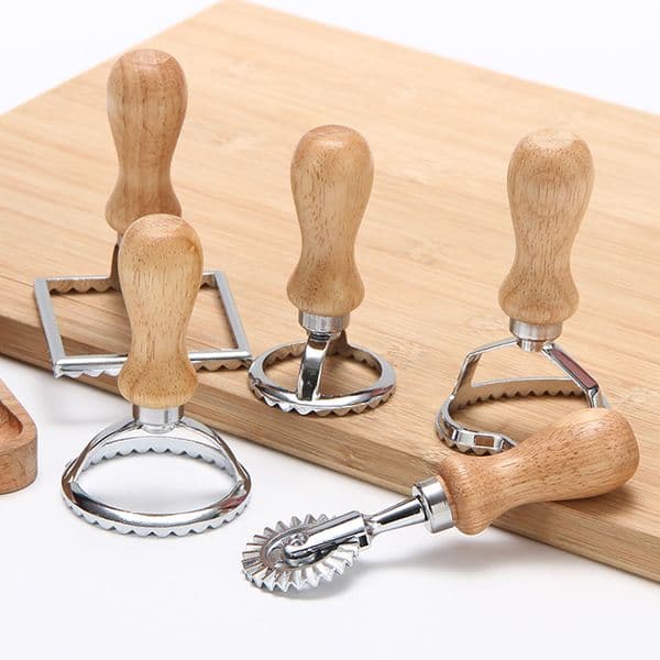 Ravioli Stamp Maker Cutter With Roller Wheel Set Mold With Wooden Handle and Fluted Edge Pasta Press Kitchen Attachment
