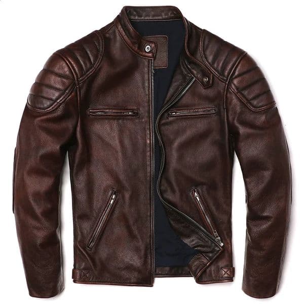Vintage Brown Genuine Leather Jacket Natural Cowhide Men Motorcycle Biker Coat Mens Slim Calf Skin Coat 260525