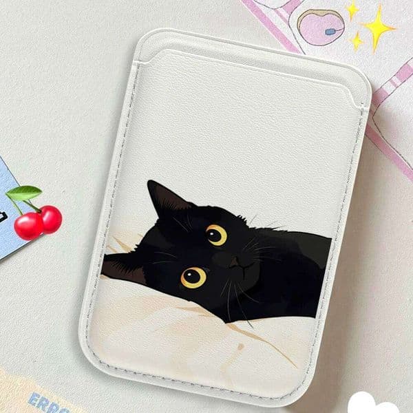 Black Cat Leather Wallet Cover Holder Suitable For all iPhone Case Magsafe Magnetic Card Simple Phone Back Bag