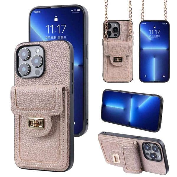 Luxury Litchi Pattern PU Leather Gray Case for iPhone 11 12 13 14 15 16 Pro Max Plus Metal Long Hanging Chain Stylish Card slot