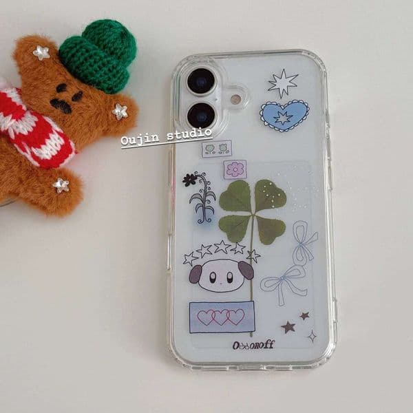 Korean Four-Leaf Clover Puppy Love Phone Case For iPhone 17Air 17 16 15 14 13 12 11 Pro Max 7 8 Plus X XR XS MAX Mini Cool Cover