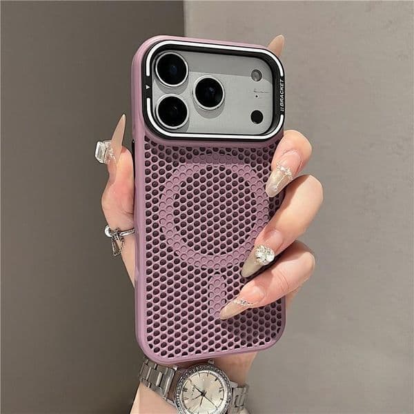 Magnetic phone case with honeycomb mesh heat dissipation for iPhone 17 Pro Max compatible with iPhone 16 and 15 built-in camera lens stand