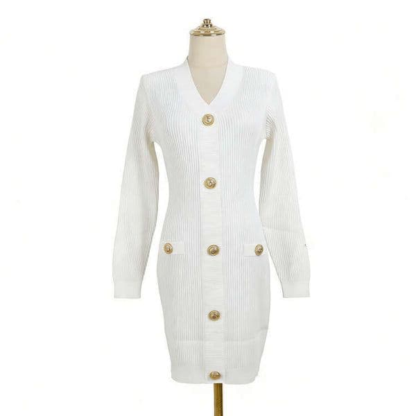 2026 Spring/Autumn New Designer Ribbed Knitted V-neck Gold A3 Lion Buckle Slimming Long Sleeve Dress