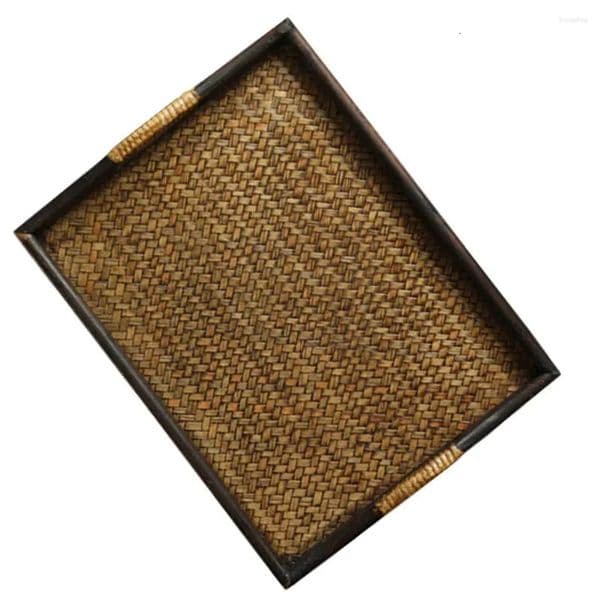 Thai Rattan Jewelry Trays Large Serving Wooden Breakfast Storage Plate Tea Tray