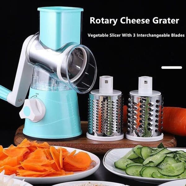 Rotary Cheese Grater Kitchen Shredder Speed Hand Crank Vegetable Slicer With 3 Interchangeable Blades With Handle and Strong Suction Base For Vegetables/Fruit/Nuts