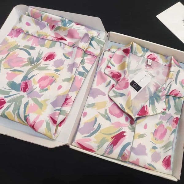 Print Flower Women 2PCS Pajamas Set Sleepwear Spring Summer new Ice Silk Nightwear Trouser Suits Loose Home Clothes Lounge Wear