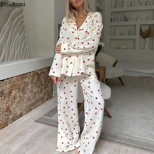 New 2026 Love Heart Print Pyjama 100 Cotton Long Sleeve Set 2Pcs Outfit Lapel Sleepwear Button Down Womens Pajamas Nightwear L260402