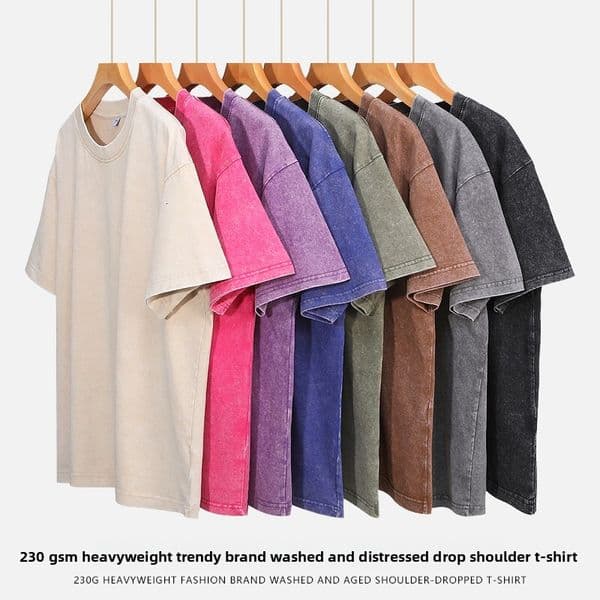 230g heavyweight pure cotton washed and distressed trendy loose-sleeved round-neck T-shirt KM66230