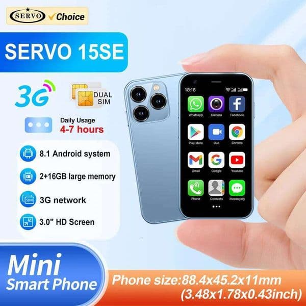 SERVO 15Se Mini Smartphone 3G WCDMA Android System Wifi Hotspot Play Store 3.0" Display Small Palm Smart Phones Dual SIM Standby Technology