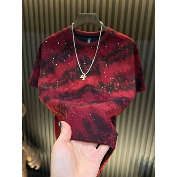 Luxury Designer 2026 New Short-sleeve Men's T-shirt With Starry Sky Print Rhinestone Embellishments And Distressed Design Round-neck Casual Short-sleeve