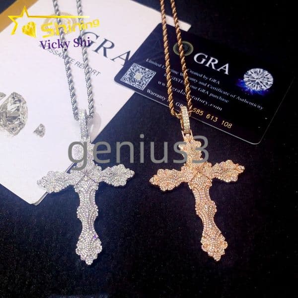 Ready to Ship Hip Hop Pendant Iced Out 925 Solid Silver VVS Moissanite Diamond Cross Pendant Fine Jewelry Charm Necklace
