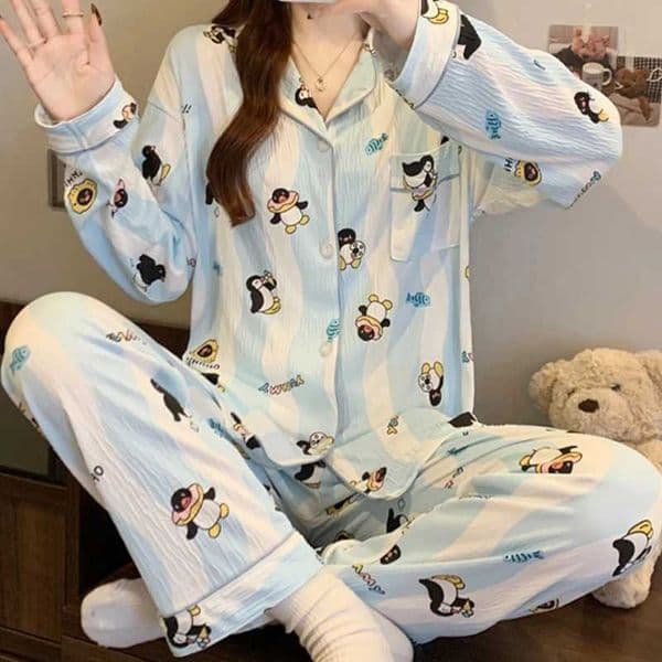 Cartoon Cute Penguins Print Womens Pajamas Fashion Blue White Striped Milk Silk Homewear 2025 Spring Fall New Casual Sleepwear