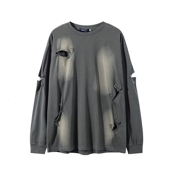 Men's Clothing | New heavy-duty American-style ripped stitched design washed and distressed pure cotton long-sleeve T-shirt