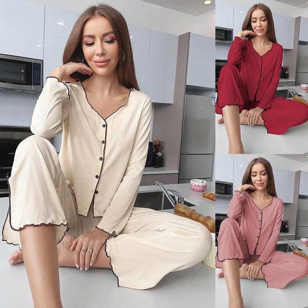 Europe hot-selling womens pajamas set autumn and winter pit strip cardigan long-sleeved trousers loungewear set