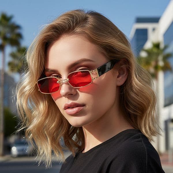 Free Shipping High Value Y2K Red Lens Small Rectangle Sunglasses For Women Retro Trendy Streetwear Shades
