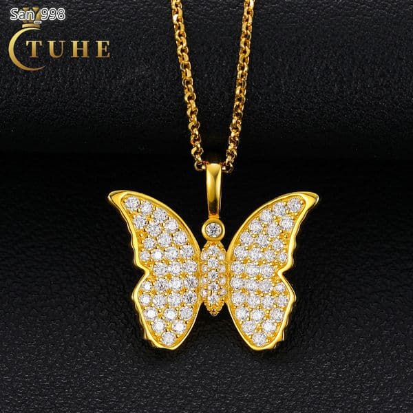 Women Beautiful Gift Jewelry 18K Gold Plated 925 Sterling Silver VVS D Color Moissanite Iced Out Butterfly Pendant Necklace