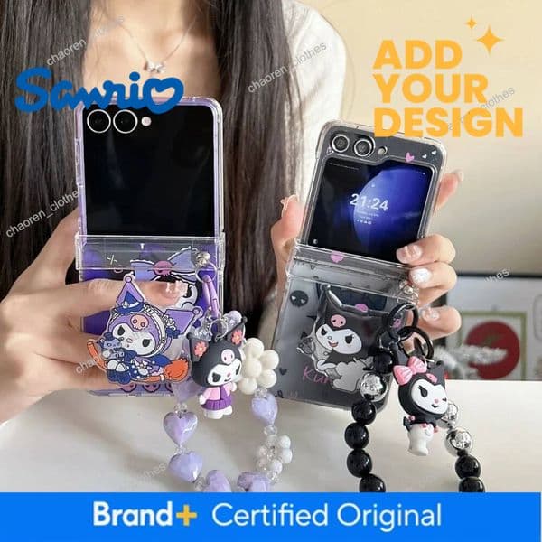 Sanrio Kuromi Cute Cartoon Stand Holder Phone Case For Samsung Galaxy Z Flip 7 6 5 4 3 Case Hard TPU Cover With Lanyard Luxury Goods