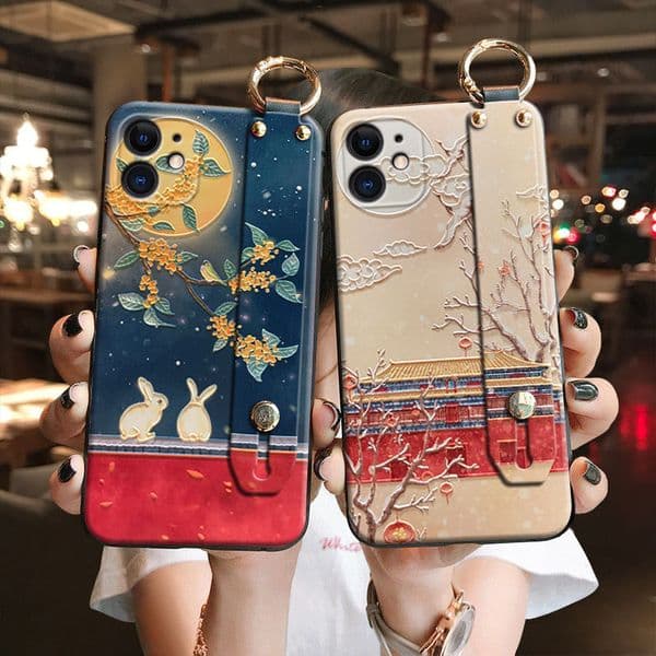 Designer Luxury Dunhuang Style Phone Case Traditional Chinese Palace & Moon Rabbit Wristband Cover Premium Cultural Art Protective Case For Iphone Stylish Gift
