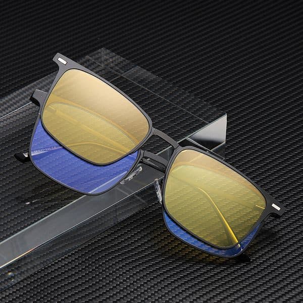 Multifunctional flat-lens magnetic clip-on sunglasses with square frame for men, trendy outdoor driving sun protection glasses