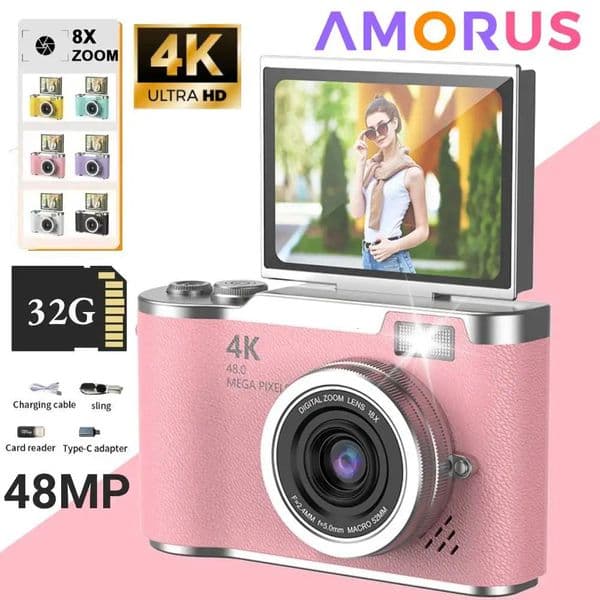 4K Digital Camera Beauty Filters 48MP HD Student CCD Camera CMOS Anti Shake 180 Flip Screen Selfie Camera for Kids Adults Gift 260403