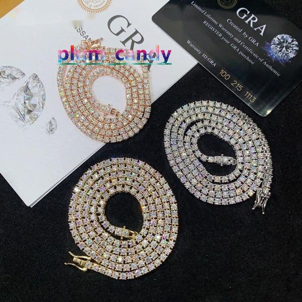Fast Shipping Hip Hop Iced Out 3mm Moissanite Tennis Chain Men Women 925 Silver Moissanite Tennis Necklace GRA Certificated