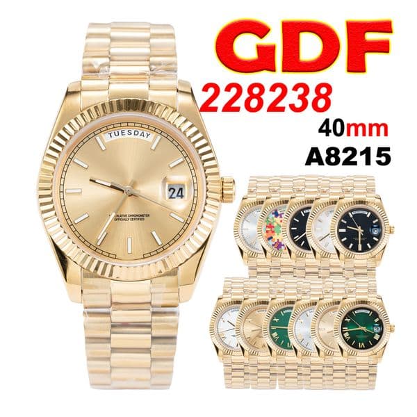 GDF 40mm 228238 A8215 Automatic Mens Watch Fluted Bezel Gold Dial Stick Markers 18K Yellow SS Bracelet Sapphire Gents Watches PTRX PureTime A03A