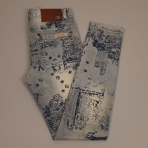 Brand Designer Clothes European And American Trend Slim Fit Printed Jeans Autumn Winter New Retro Light Luxury Straight Casual Fashion Versatile Long