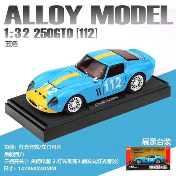 1:32 Scale 250GTO Model Car Alloy Diecast Toy with Light Sound Pull Back Collectible Gift for Kids