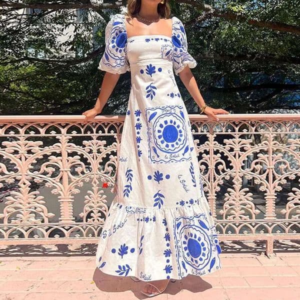 Spring New Arrival: Cross-Border European American Foreign Trade Women's Clothing - Elegant and Stylish Lantern Sleeve Printed A-Line Dress