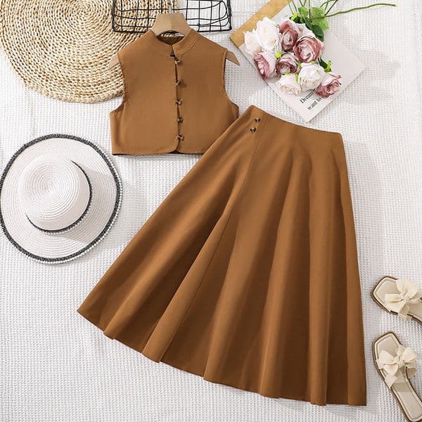 Girls' set children's clothing spring and summer new style temperament simple sleeveless cardigan vest half skirt two-piece set