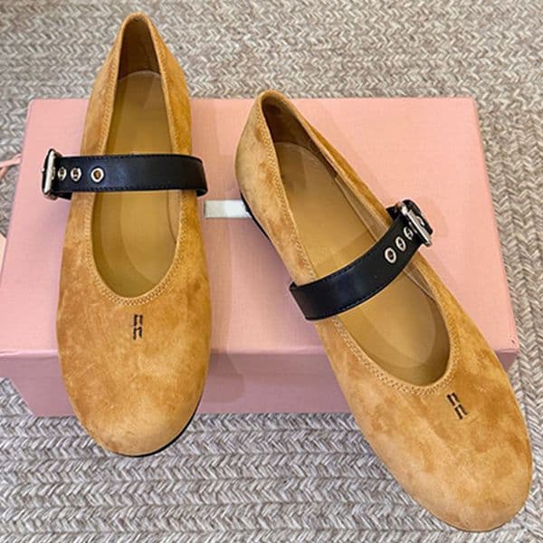 Luxury Designer Suede Ballerinas womens Daily Outfit elegant buckle strap Flat Mary Jane shoes Summer TPU sole ballerina flat