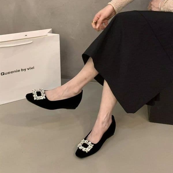 Ddmysports Flat Soled Silver High End Square Toed Rhinestone Shoes For Women New Spring Black Commuter Buckle Loafers Outdoor