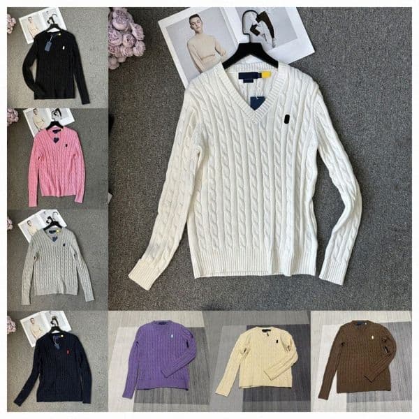 Ralphitys Womens Classic Cable Knit V-Neck Designer Sweater Solid Color Long Sleeve Pullover With Detail Multiple Colors For Fall Winter H0a4#
