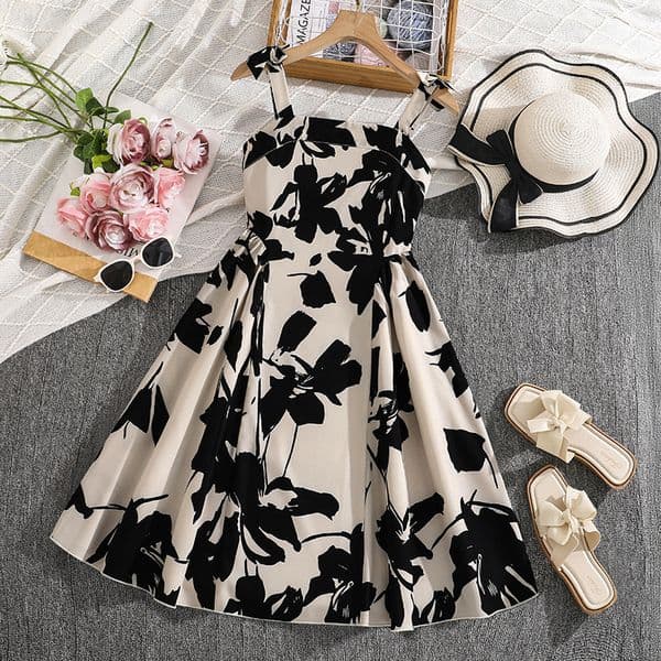 Girl's clothing spring and summer new fashion floral print suspender strapless high waisted elegant temperament dress