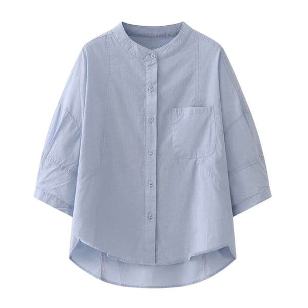 Women S Blue Cotton Shirt With Three Quarter Sleeves Summer New workplace Early Autumn Casual Stand Up Collar Loose Mid Sleeve Top Luxury