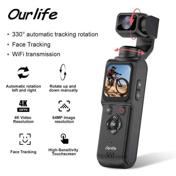 Ourlife M105 Action 330 Face Tracking Gimbal Stabilizer 1.72 Inch Touch Screen 4K 64MP Pocket Digital WiFi Camera 26H0409