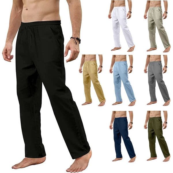 Mens Cotton Linen Pants Loose Breathable Casual Solid Color Long Pants Large Size Streetwear Fitness Lightweight Yoga Trousers 260408