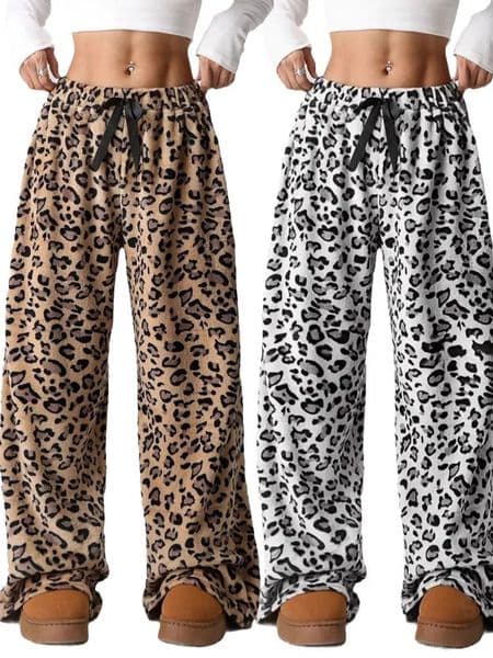 Women Casual Trousers Elastic Waistband Drawstring Tie Pajama Bottoms Leopard Print Wide Leg Lounge Pants260409BJ