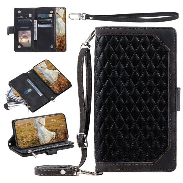 Diamond pattern zipper mobile phone case - Multi-functional card holder model - Fully protective against drops - Portable hanging strap