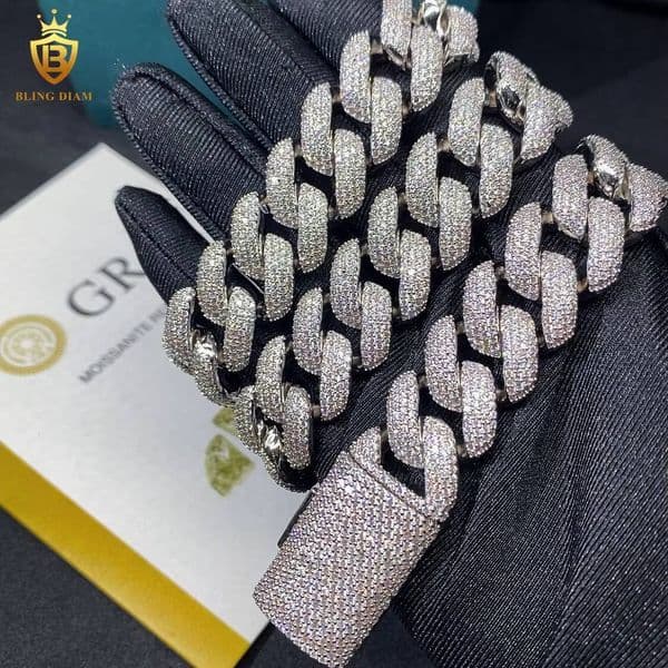 Moissanite Diamonds 925 Silver Cuban Chain 18mm Iced Out Moissanite Cuban Link Pass Diamond Test Vvs Moissanite Chain Men