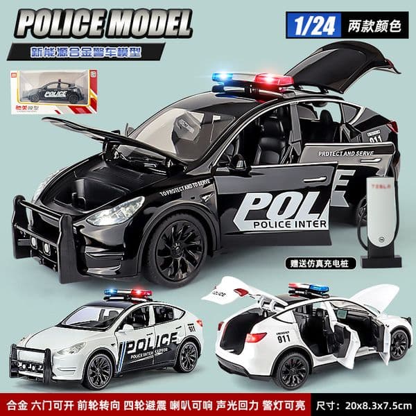 1/24 Scale Model Y Police Car Toy, Diecast Alloy Vehicle with Light Sound for Kids