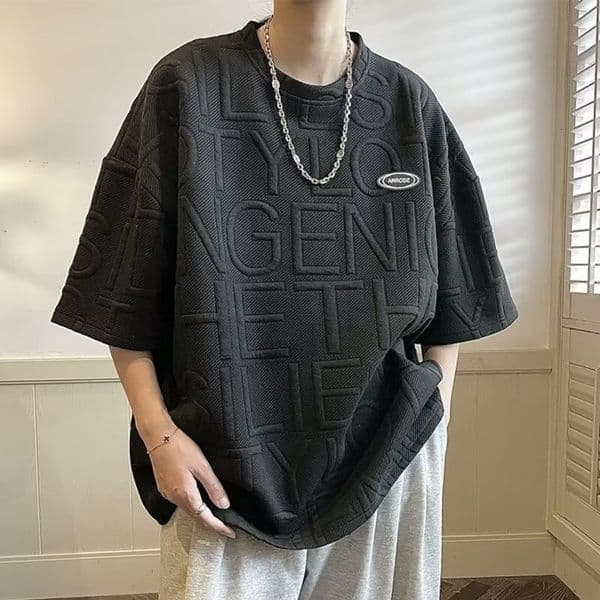 Waffle Knit T-shirt For Men Loose-fitting Short-sleeve Clothing Trendy Half-sleeve Trendy Korean-style Top Designer T-shirt Boyfriend Style Tee